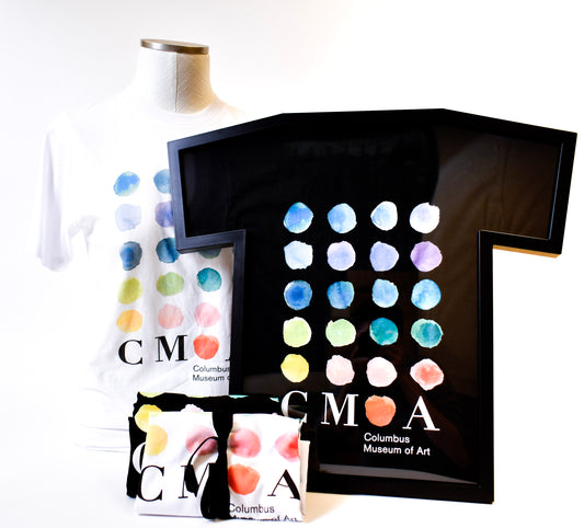 CMA Watercolor T-shirt, unisex sizing in black and white.